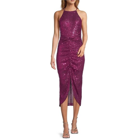 Belle Badgley Mischka Isabella Sequin Dress Size 8 Fuchsia Pink Mock Neck New - Picture 1 of 8
